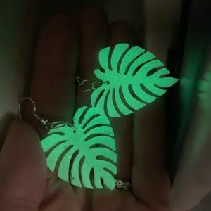Monstera Leaf Earrings, Green Glow in the Dark Leaf Earrings, Dangle Jewelry